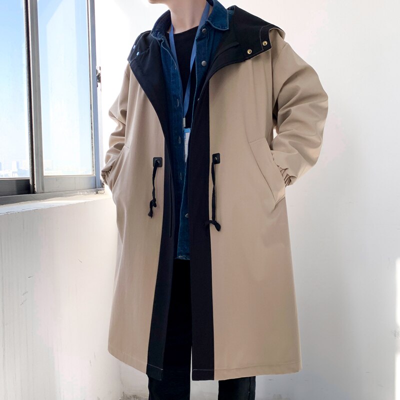 Trenchcoat Heren Mode Overjas Mannen Casual Slim Fit Windbreaker Solid Lange Jas Mannelijke Herfst Homme Zwart/Kaki