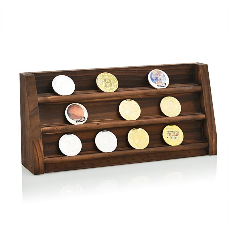 Coin Display Stand Rack Wooden Collector Coin Storage Shelves Coin Holder Case