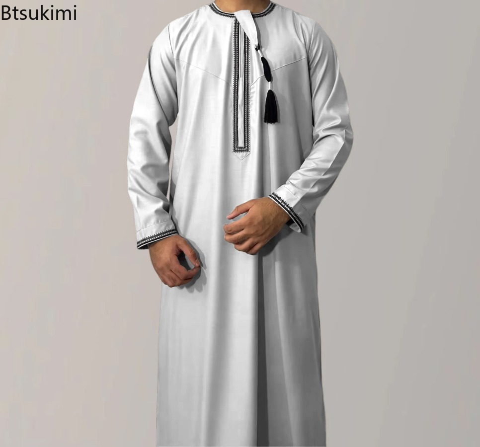 Moslim Mode Abaya voor Mannen Lange Mouw Jurk Gewaad O-hals Borduren Mannen Jubba Thobe Pakistan Arabische Islam Kleding Gebed Kaftan