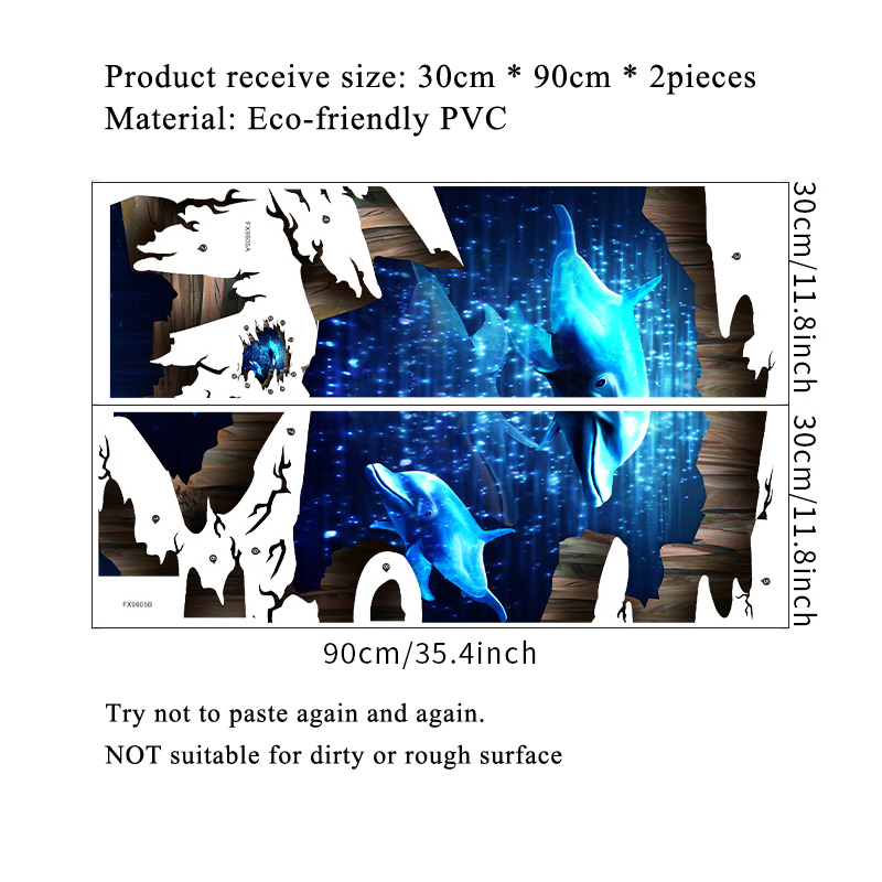 3D Dark Blue Dream Dolphin Floor Sticker Bathroom Living Room Floor Decoration Mural Wall Stickers Home Decor Decals Wallpaper