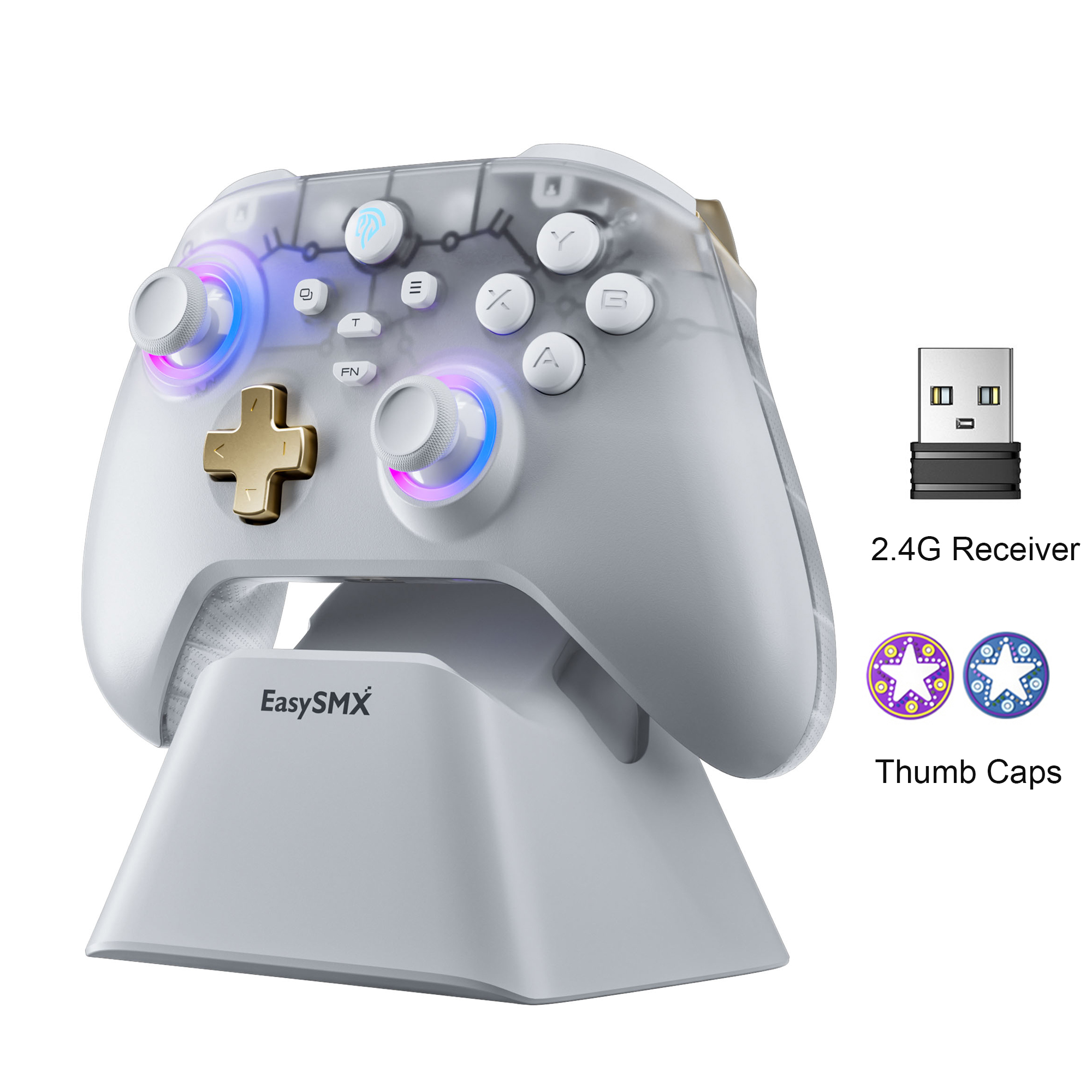 EasySMX D05 Wireless Gamepad with Charging Dock RGB Hall Effect Joysticks Game Controller for PC Nintendo Switch TV Phone: WHITE
