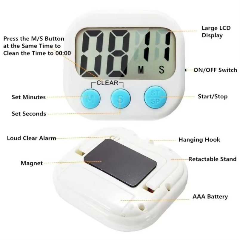 Timer digitale magnetico Display LCD Timer elettronico multifunzionale Cucina Cottura Conto alla rovescia Dormitorio Promemoria per l'apprendimento Regalo