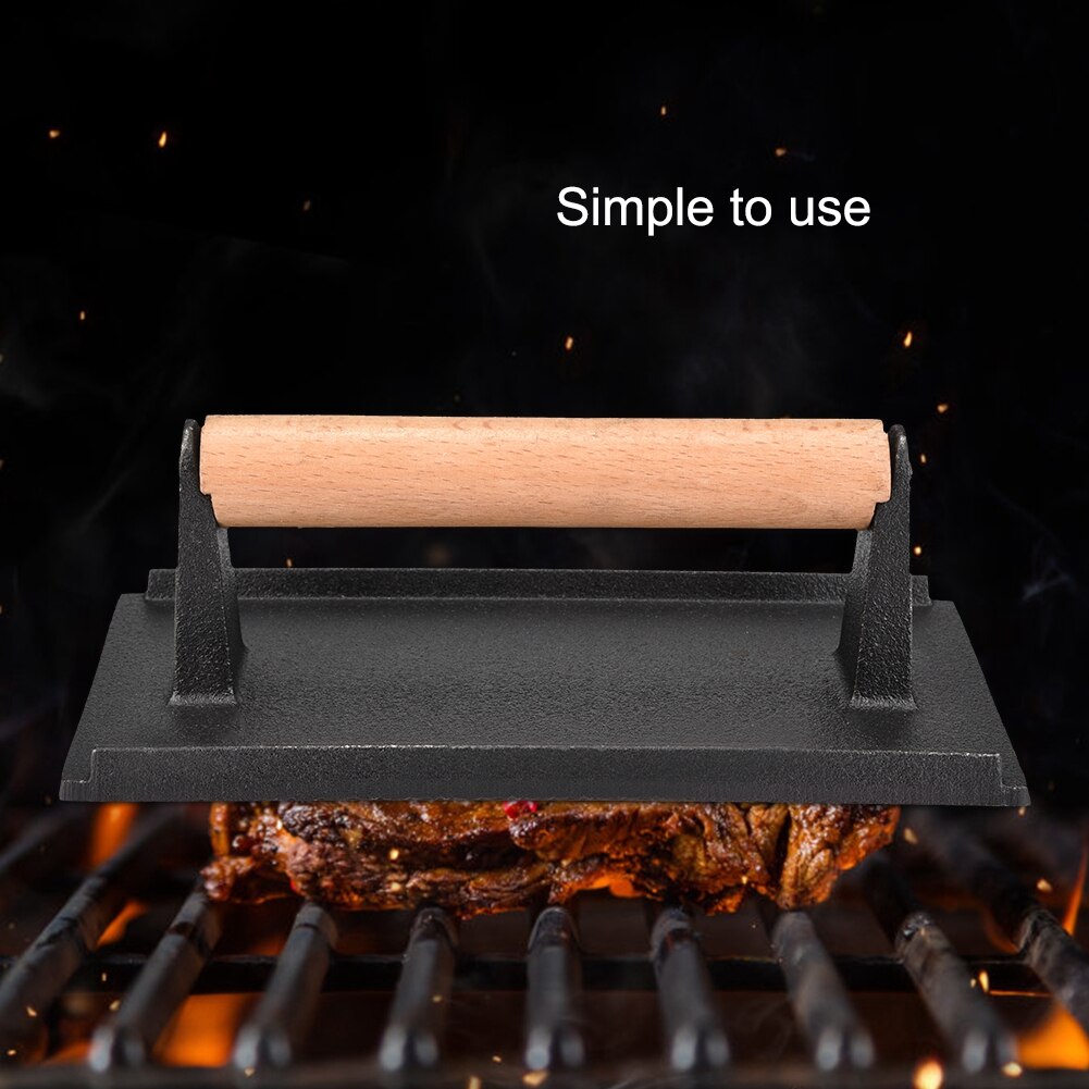 Nyeste kommercielle støbejern bøf vægt træ håndtag bacon grill hamburger presse til bbq værktøjer