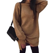 Hiver femmes couleur unie col roulé en vrac à manches longues tricoté robe pull col haut en vrac tricot fendu robe pull