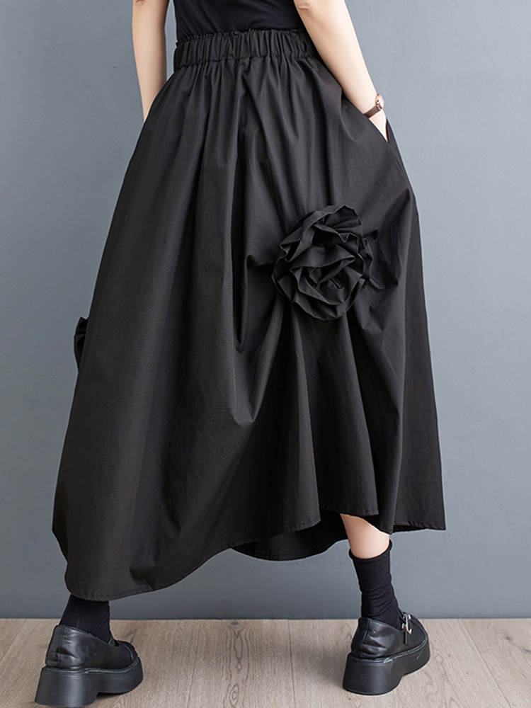 Sommer sort vintage højtaljet nederdel kvinder uregelmæssig splejset blomsterprint plus size løse afslappede midi nederdele tøj