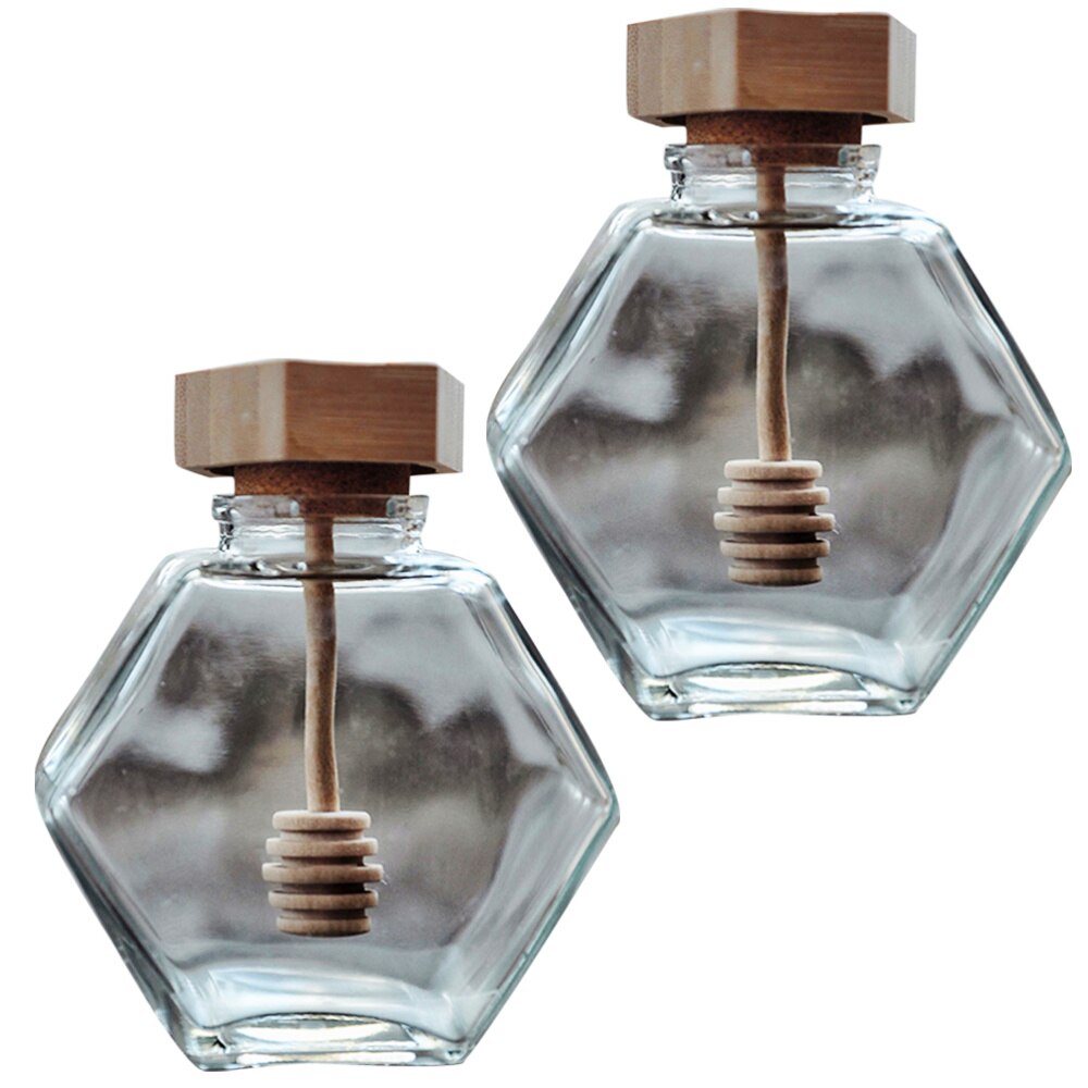 2 uds 380 Mini vaso de ML tarro de miel Hexagonal botella de miel recipiente Pot con palito de madera para miel cuchara para miel botella de embalaje: Default Title