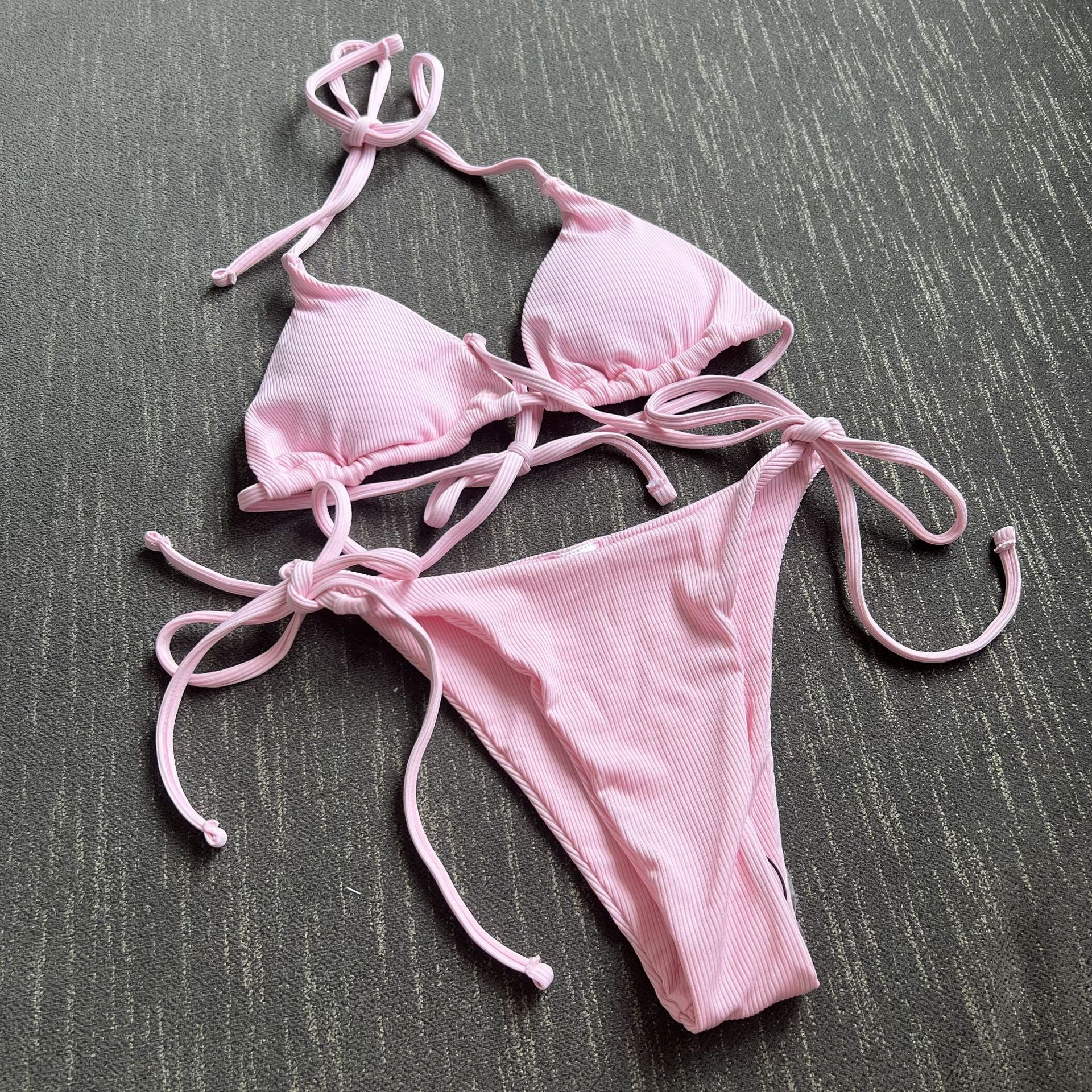 Liten randig ribbad bikiniset för kvinnor sexig enkel enfärgad halterneck baddräkt snörning strandbaddräkt sidobandage string baddräkt