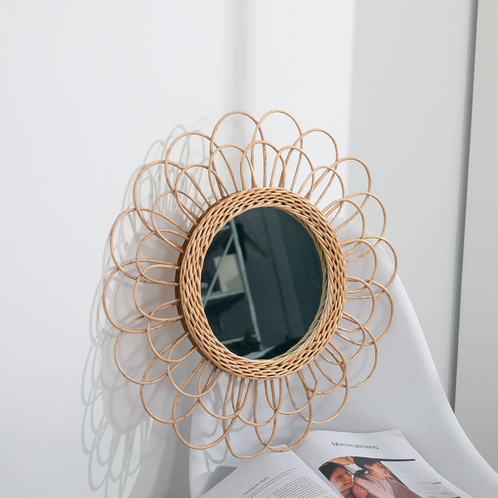 Hængespejl rattan solsikke cirkulært spejl indretning boho flet dressing makeup spejle natur ro