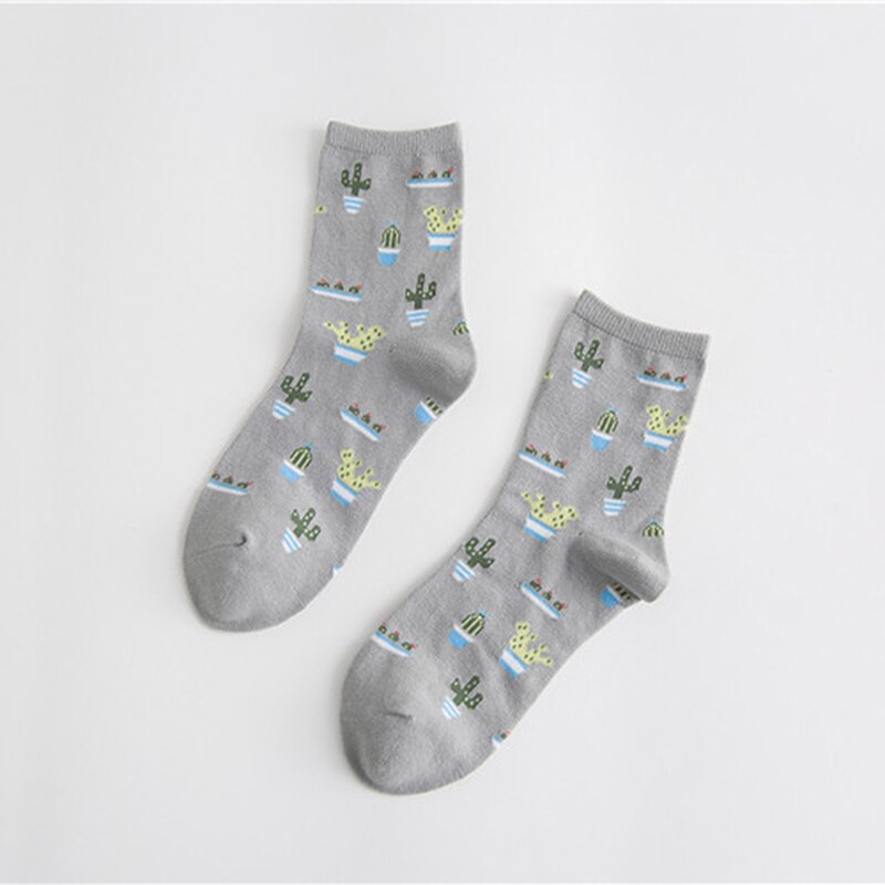 HENGSONG-Calcetines de algodón con de Cactus para mujer, calcetín cómodo, bonito, para deporte de abrigo: grey