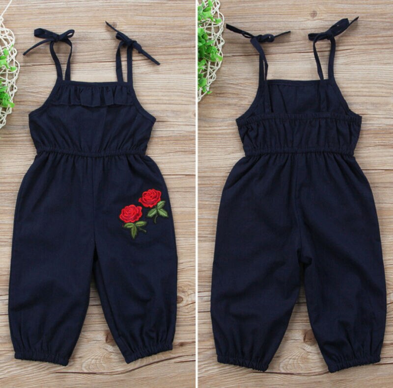 Röd ros tryck sommar flickor overall barn flickor rem blomma ärmlös romper jumpsuit playsuit outfits kläder 1-6y