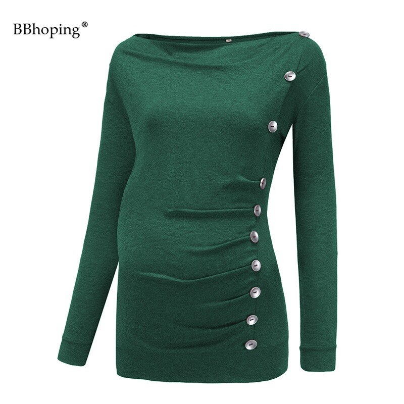 Moederschap Groene Lange Mouw Tops Side Ruches Knop Zwangerschap Shirt Col Verpleging Blouses Winter Moederschap Kleding Voor Vrouwen