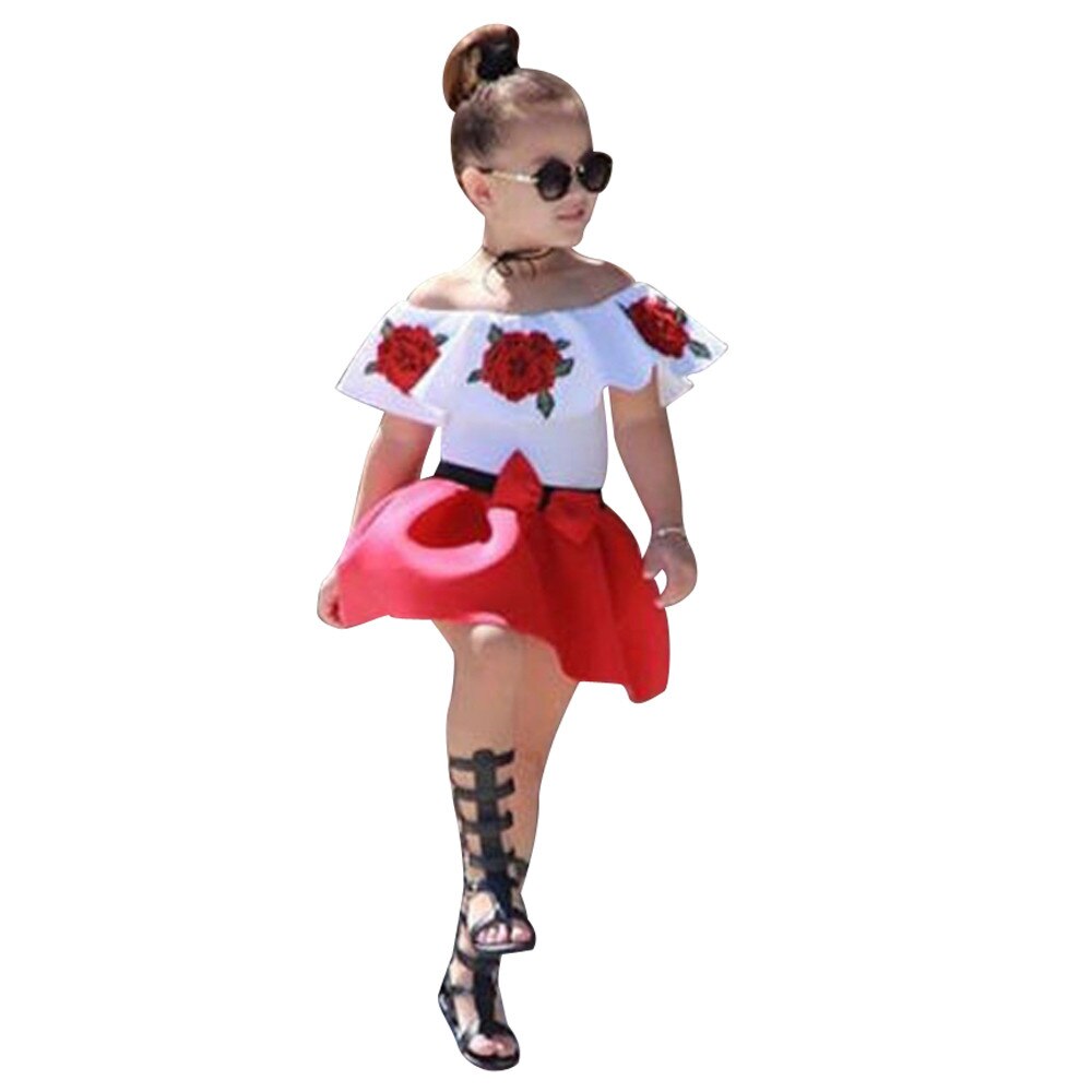 JAYCOSIN Del Bambino Del Bambino Delle Ragazze Senza Maniche Al Largo Della Spalla Del Ricamo di Rosa Magliette E Camicette + Gonne Attrezzature del bambino del bambino delle ragazze della principessa dress: 90
