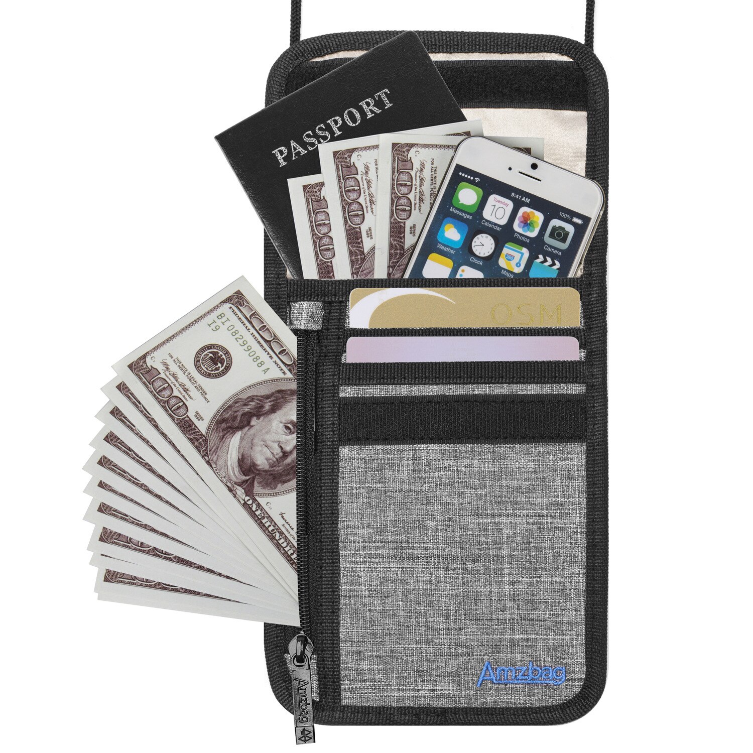 Certificado de viagem bolsa cordão passaporte saco de armazenamento do telefone móvel pendurado pescoço bolsa de moeda anti-roubo oxford pano saco de cartão: Gray