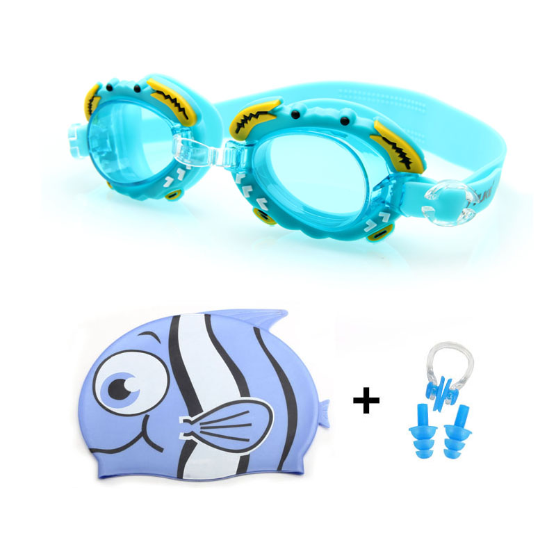 Boy Girl Swimming Goggles Children Silicone Dolphin Fish Caps Ear plug Nose Set Diving Glasses Waterproof Kids Swim Pool Eyewear: Sky Blue Fish
