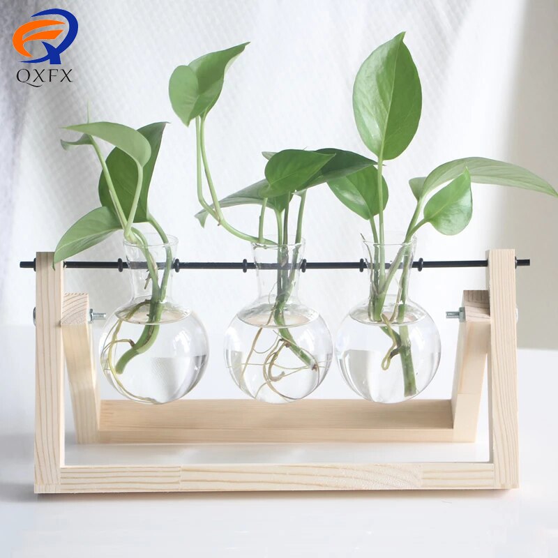 Plante terrarium med træstativ luftplanter pære glasvase metal drejeboks til hydroponics dekoration af hjemmekontoret: Retro stil 3