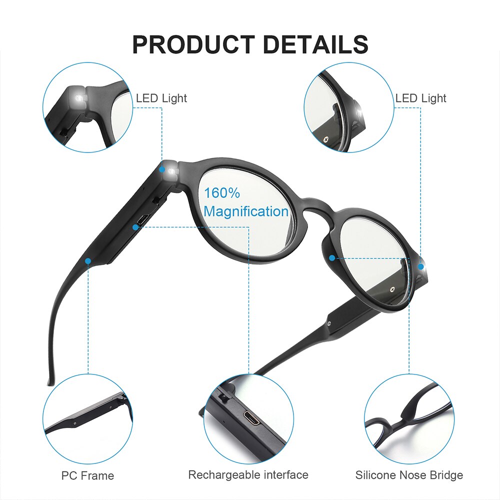 Lesebrille mit Lichter LED Beleuchtete Vergrößerung Brillen USB Ladung Vergrößerungs Leser für Männer und Frauen