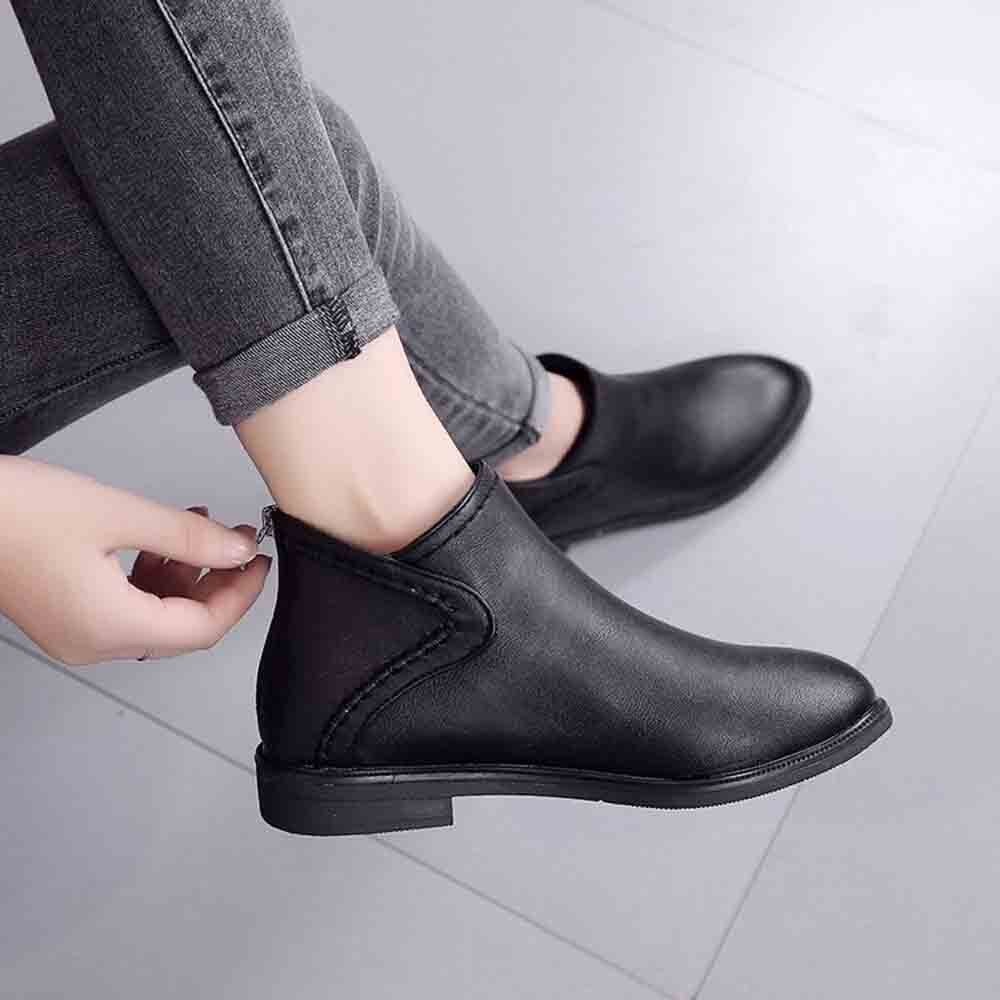 Bottes en cuir PU pour femmes, chaussures quotidiennes à talon carré, fermeture éclair, respirantes, confortables, à bout pointu, rétro, automne