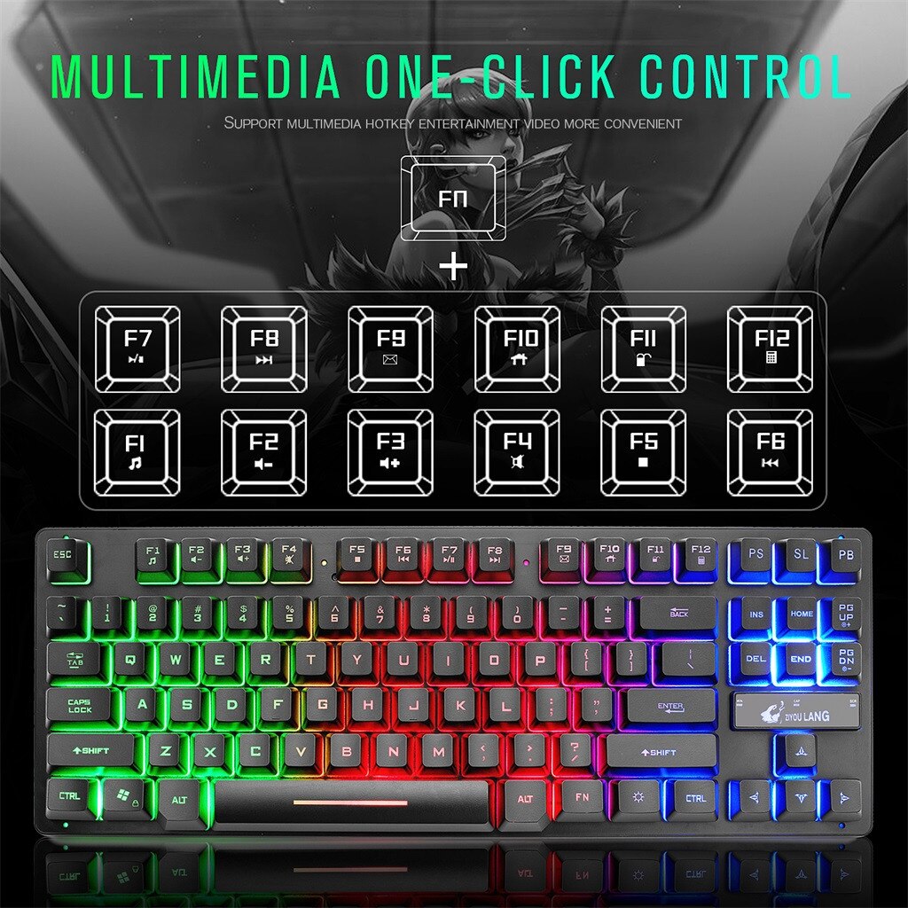 Gaming Keyboard Seven-Color Backlit Keyboard K16 87 Keys 12 Multimedia Keys For PC / Laptop for Teclado Gamer Wired Keyboard