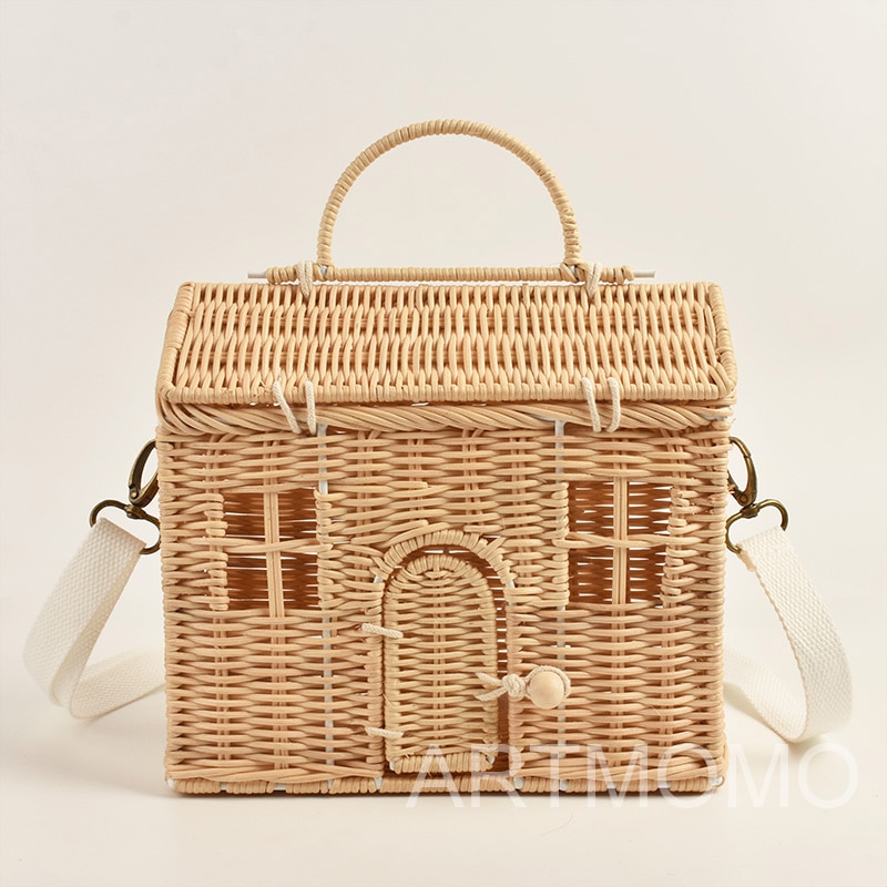 Creatieve Huis Vorm Rotan Vrouwen Handtassen Rieten Geweven Schouder Crossbody Tassen Grappige Zomer Strand Strozak Handgemaakte Reistas
