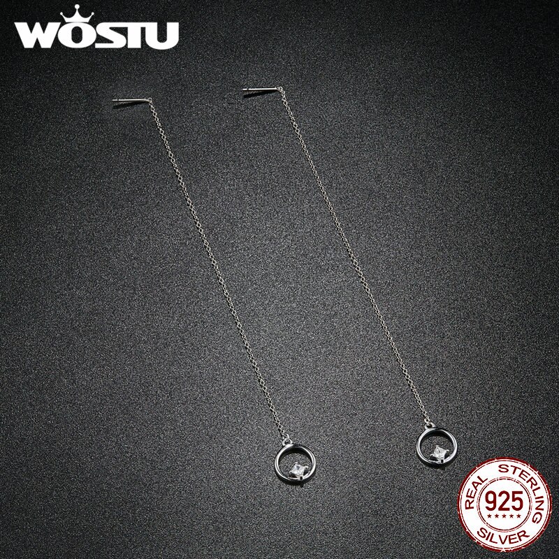 Wostu Originele 925 Sterling Zilveren Ronde Cirkel Met Clear Plein Zirconia Lange Oorbellen Voor Vrouwen Sieraden CQE080