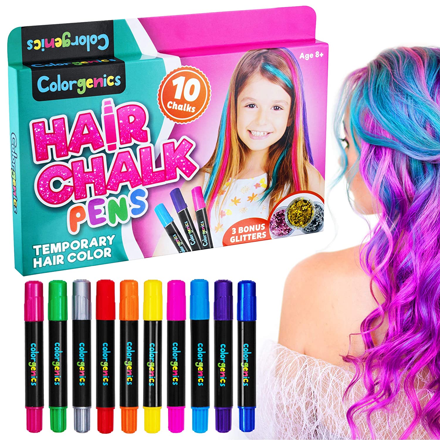 Colorgenics Haar Krijt Meisjes Tijdelijke Haar Krijt Voor Kinderen 10 Kleur Krijt Pennen & Glitters Niet Giftig Wasbare Tijdelijke haar