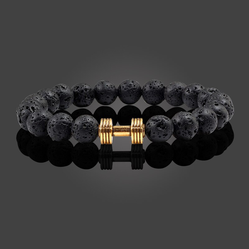 Kausalen Männer Armband Schwarz Natürliche Stein Lava Perlen Legierung Fitness gym Hantel Armbänder Armreifen Charme Frauen Männlichen Outdoor Schmuck