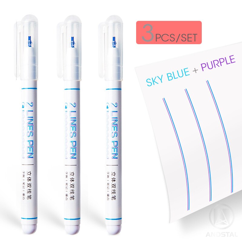 Andstal 2 linjers kuglepen sæt 0.5mm doule line art markør pen fine liner markører fineliner farve blæk tegne scrapbog journaling penne: 3 stk cyan x lilla