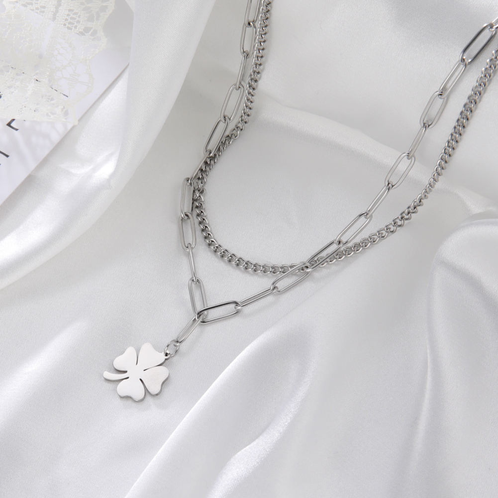 Skyrim-kleeblatt-anhänger-halskette für damen, edelstahl-büroklammer-doppelketten-halskette, schmuck zum muttertag