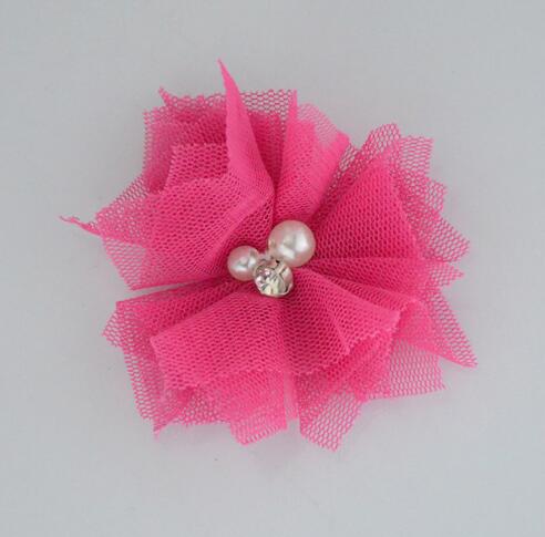 10 stks/partij 2.5 ''Mini Tulle Mesh Bloemen Met Strass Pearl Center Poof Bloemen Hoofdband Haar Accessoires: 16 rose