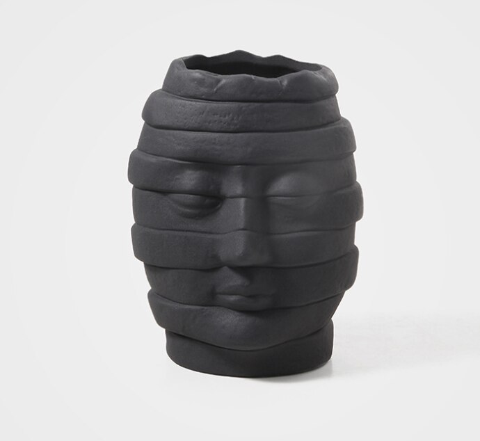 Vase tête planteuse en forme de fleur | pot de fleurs, décoration d'art pour visage abstrait, accessoires de décoration pour la maison, décor nordique de bureau, plante moderne: 028-Black