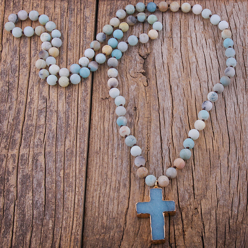 Joyería Tribal Bohemia a la RH, piedras naturales de 8mm, collares con colgante de cruz de piedra anudada, collar étnico para mujeres