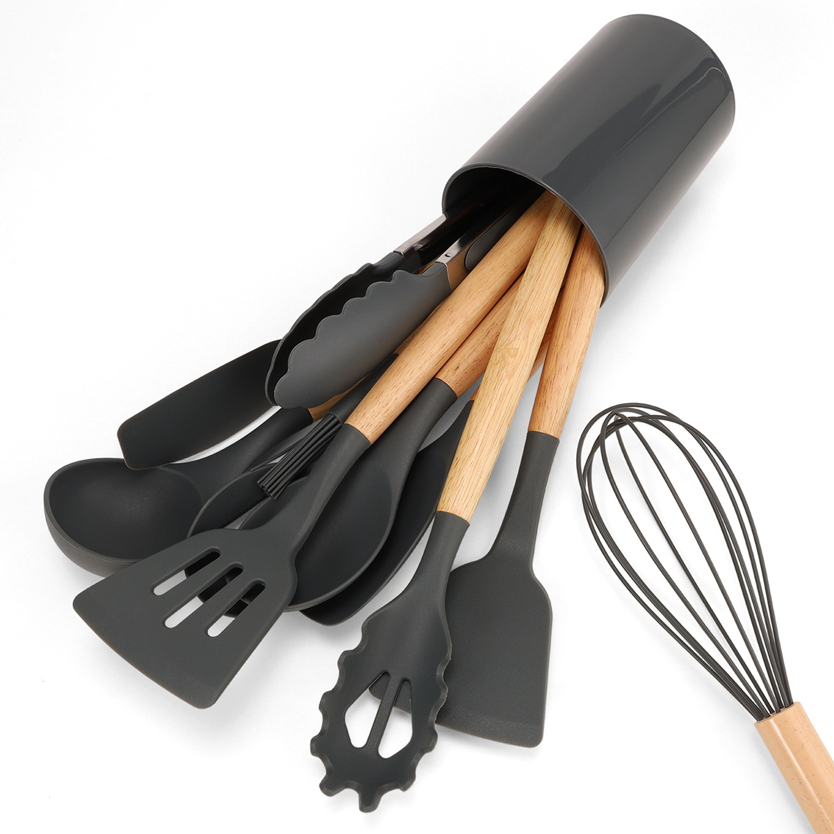 12 Stuks Siliconen Keukengerei Spatel Schop Soeplepel Koken Tool Met Opslag Emmer Non-stick Houten Handvat Keuken gadgets