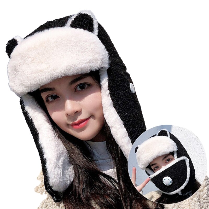 Women Cartoon Bear Ears Winter Trooper Trapper Hat with Removable Dustproof Face Mask Thermal Fleece Lining Earflap Cap: BK