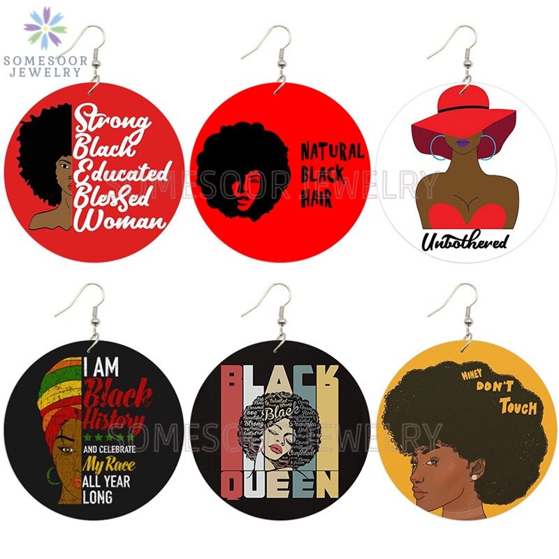 SOMESOOR Natural Black Hair Blessed Woman African Wooden Earrings Strong Educated Queen Afro Sayings Dangle For Women: Mixed 6Pairs