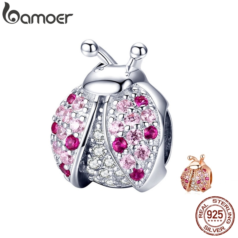 BAMOER 925 Sterling Silver Ladybug Pink Cubic Zircon Insect Charms Beads fit for Bracelets DIY Jewelry SCC1120