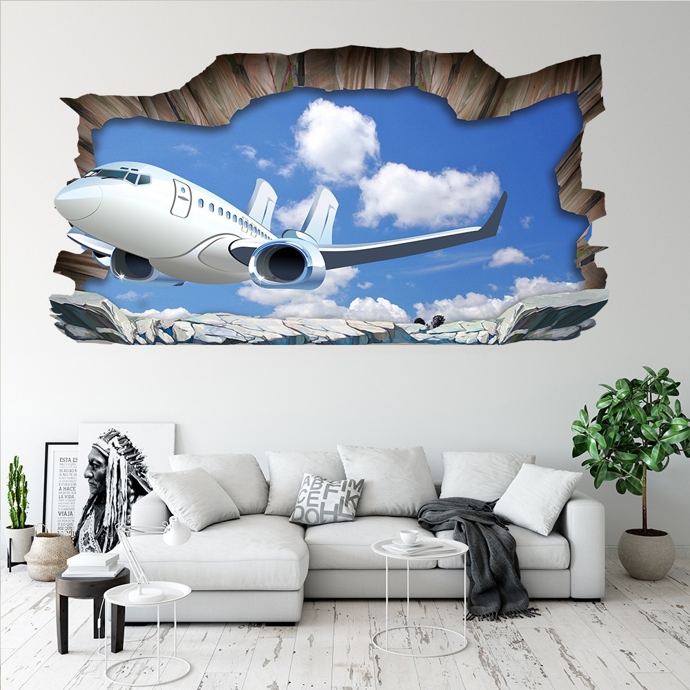3D Aircraft Broken Wall Floor Sticker Waterproof Blue Sky White Clouds Wall Sticker For Bathroom Kids Rooms Home Decor Art Mural