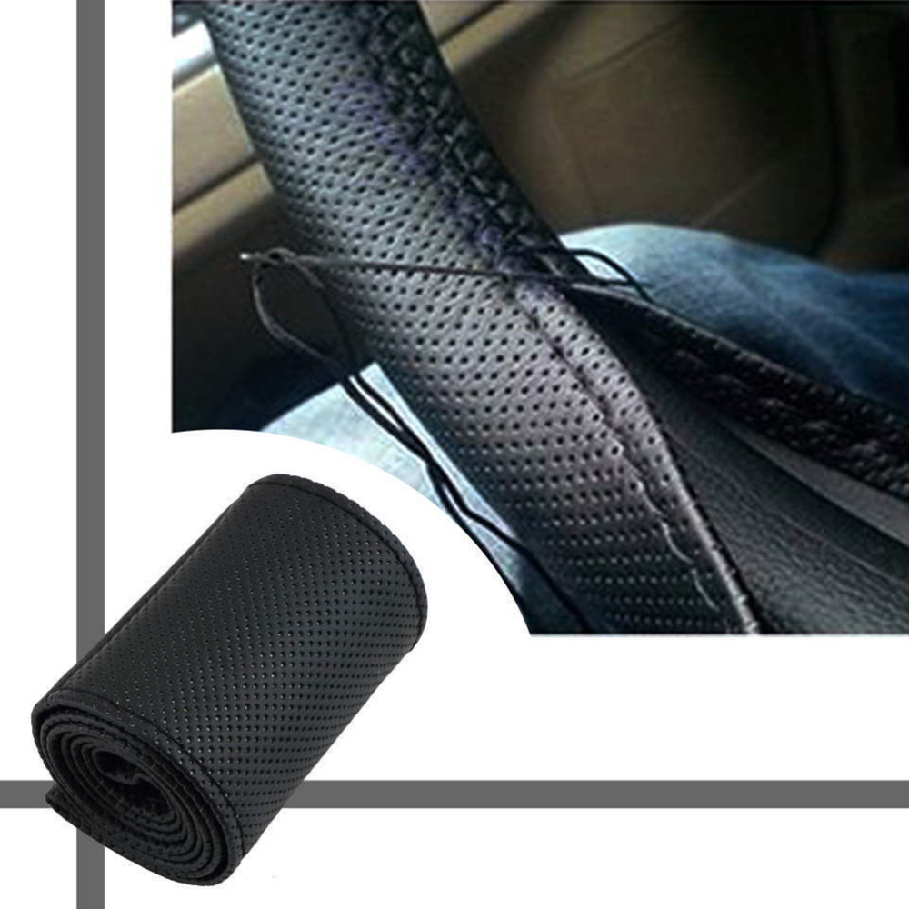 1 Set Zwart DIY 37-38 cm AUTO Stuurhoes Lederen Covers voor Stuurwiel case Met naalden en Draad Auto Styling