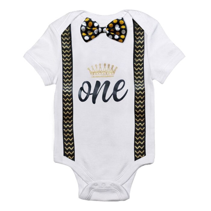 Um tamanho de algodão bebê menino macacão traje crianças carta macacões 1st aniversário outfits recém-nascidos meninos roupas do bebê 12 meses: R9