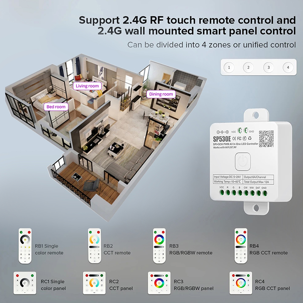 SP530E SP630E WiFi Alexa Bluetooth LED Controller Ondersteuning PWM Monochroom CCT RGB RGBW RGBCCT of SPI TTL IC Chip LED Strip/Matrix