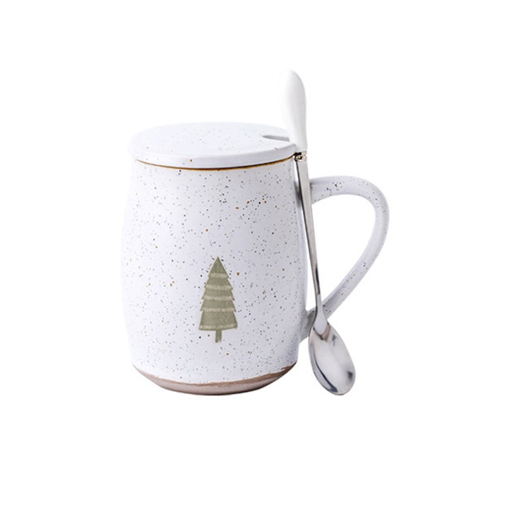 Tazza da caffè nordica con coperchio tazze in ceramica da 500ml tazze da albero per cartoni animati con cucchiaio tazza da caffè al latte regali di novità: bianca