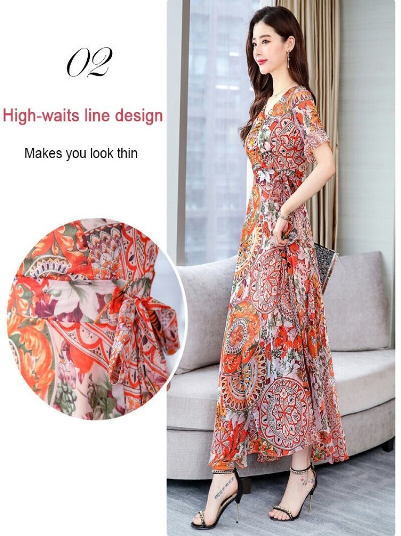 Schlankes Kleid für Damen, V-Ausschnitt, bedruckt, langes Kleid, schmales Kleid für Damen