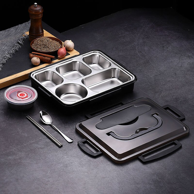 WORTHBUY Japanese Lunch Box For Kids 18/8 Stainless Steel Bento Box With Compartments Tableware Kitchen Food Storage Container: Black With Bowl