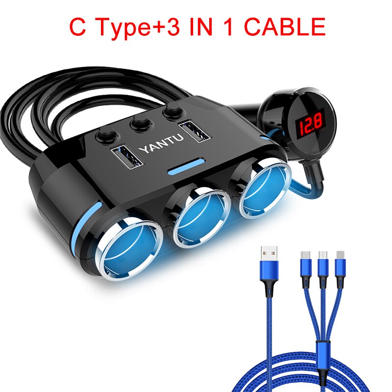 Podwójny Port USB 3 sposób gniazdo zapalniczki samochodowej rozgałęźnik ładowania przejściówka adapter DC 5V 1A + 2.1A gniazdo zapalniczki czarny dla: C rodzaj z kabel
