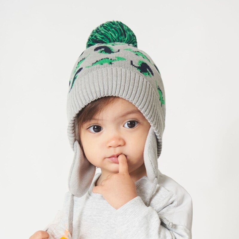 Peuter Baby Jongens Cartoon Dinosaurus Jacquard Beanie Winter Warm Gebreide Muts Oorklep Kinderen Gehoorbescherming Cap Kids