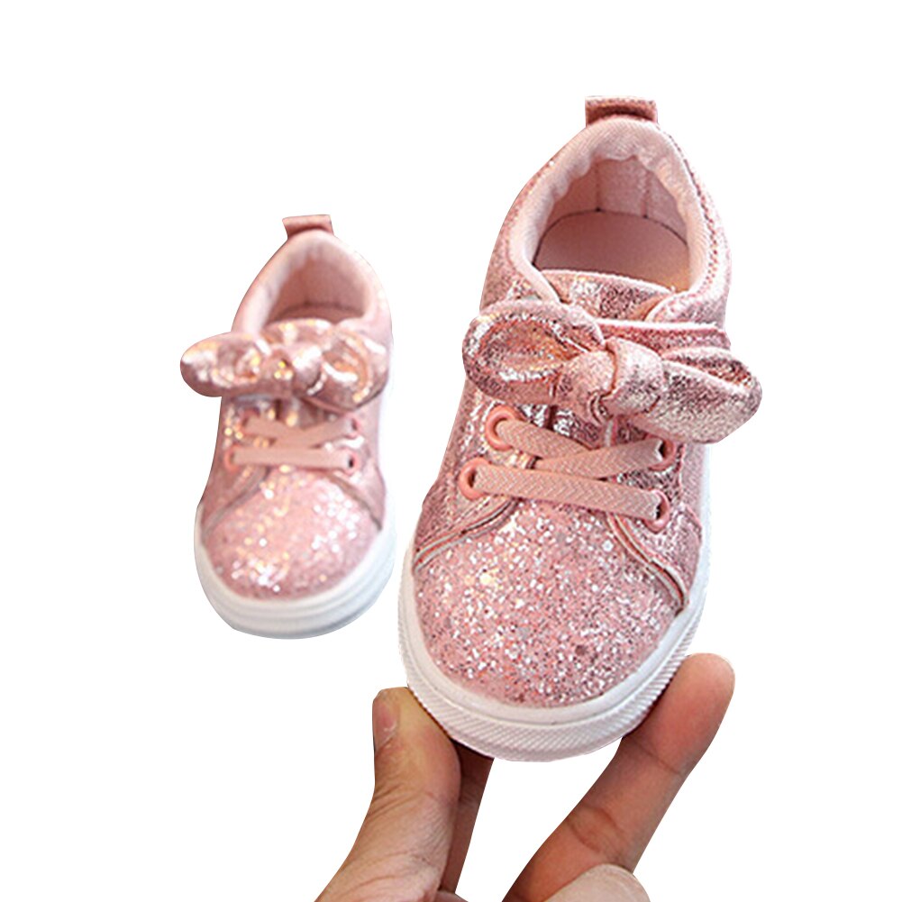 Chaussures de Sport pour petites filles de 1 à 3 ans, baskets à paillettes avec nœud, à semelle plate, brillantes, à la , 1 paire: Rose / 25