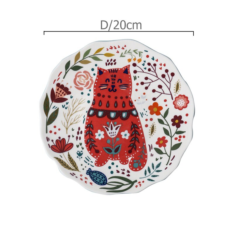 8 inch Hand-painted Cat Dinner Plate Under-glazed Ceramic Dinner Dishes Dessert Tray Flower Kitten Dinnerware Microwave Safe: D