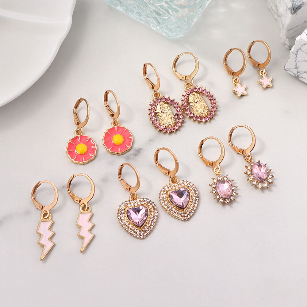 JUST FEEL 4Pcs/set Shiny Heart Crystal Earrings Female Multicolor Butterfly Cherry Earring Sets Statement Jewelry: 154401PK