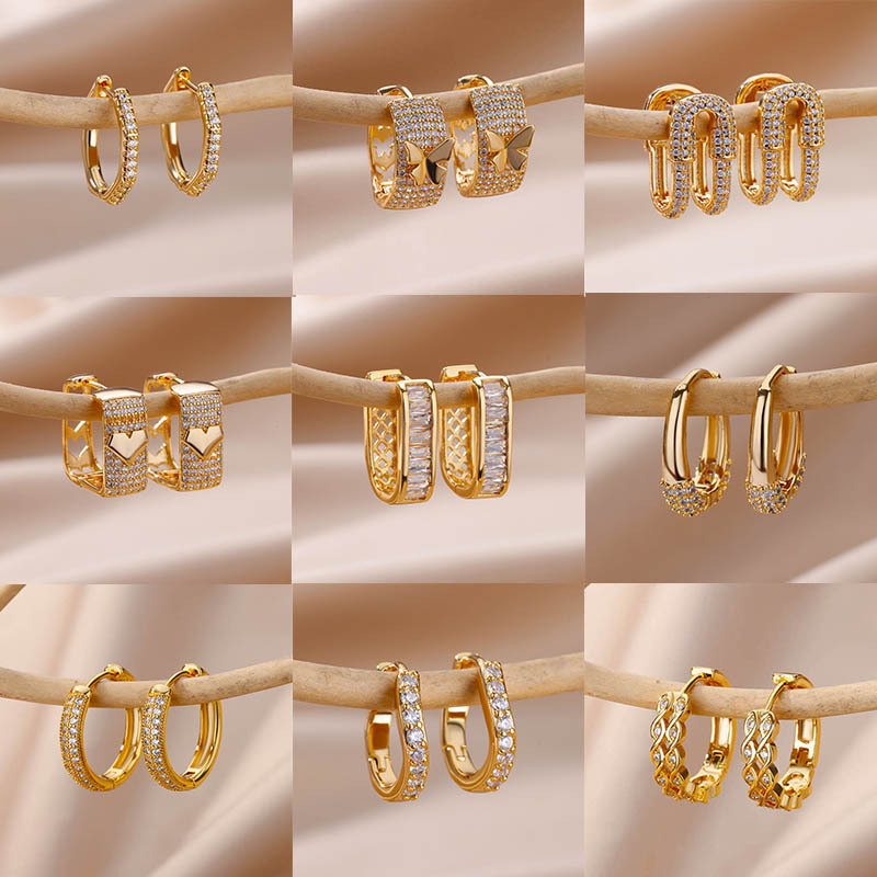 Glanzende vierkante oorringen met zirkonia voor dames, goudkleurige roestvrijstalen oorbellen, luxe kerstsieraden, trouwoorbellen.