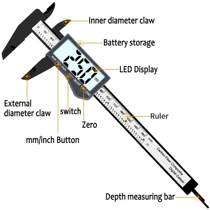 Vernier Caliper 6" 0-150mm/0.1mm Carton Fiber Composites Calipers Gauge Micrometer with Extra Large LCD Screen