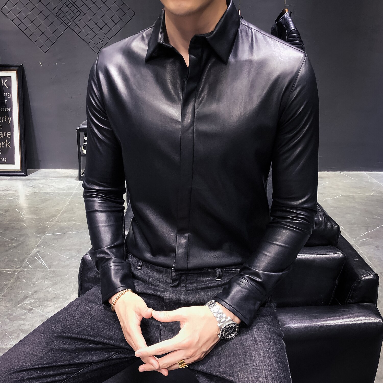 Chemises en cuir pour hommes, classique, tendance, coréenne, Slim Fit, Camisa Social Masculina, robe noire, manteau d&#39;extérieur